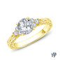Yellow Gold Adorned Scroll Engraving Trio Diamond Engagement Ring with Center Diamond Top View