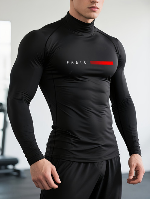 [Men's Compression Gym Shirt] Viral Men's High Neck Compression Gym Shirt - Quick-Dry Long Sleeve Workout Top for Athletes, Muscle Fit Stretchy Moisture-Wicking Fitness Shirt with Geometric Pattern, All-Season Activewear, Athletic Wear, Sleek Design,