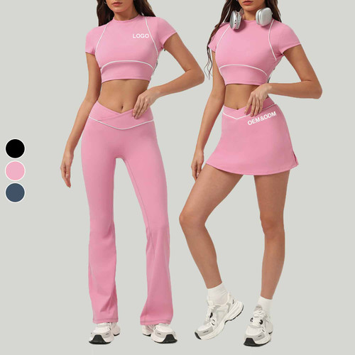 New Women's Sports Solid Pattern 3 PCS Yoga & Tennis Workout Sets Short Sleeve V Waist Skirt Leggings & Golf Outfits New Women's Sports Solid Pattern 3 PCS Yoga & Tennis Workout Sets Short Sleeve V Waist Skirt Leggings & Golf Outfits