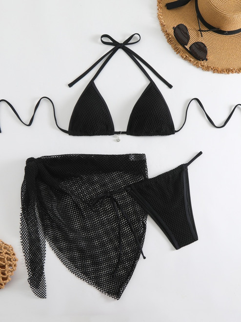 Bikini Women Swimsuit 2025 New Black Halter Lace Up Mesh Bikinis Set Sexy Swimwear Summer Three Piece Beach Bathing Suit Female Bikini Women Swimsuit 2025 New Black Halter Lace Up Mesh Bikinis Set Sexy Swimwear Summer Three Piece Beach Bathing Suit Female