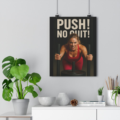 Motivational Gym Poster — “PUSH! NO QUIT!” Fitness Wall Art for Home & Gym