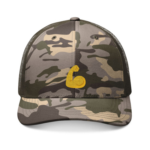 Camo Trucker Hat with Gold Embroidered Flex Arm Logo — Casual Hunting & Outdoor Cap