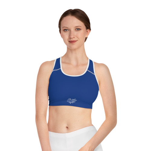 Blue Active Sports Bra — Minimal Runner Logo Performance Crop Top