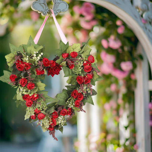 Valentine's Day Wreath 13.7in Heart Shaped Wreath Artificial Rose Flower Wreath Simulation Red Rose Flower Hanging Decoration