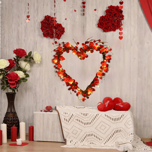 Heart Valentine's Wreath for Front Door, 13.7 Inch Red Berry Wreaths for Valentine's Day Decor, Artificial Spring