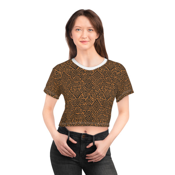 Tribal Geo Brown Crop Tee — Ethnic Aztec Pattern All-Over Print