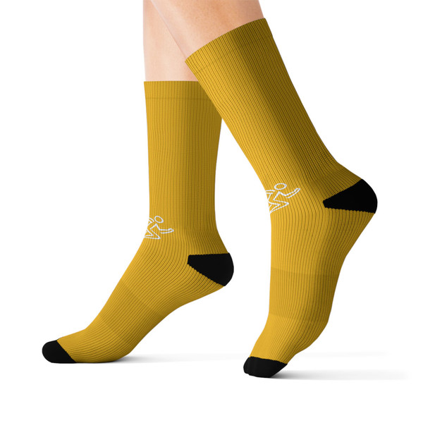 Gold Sublimation Socks – Custom Athletic Crew Socks with Small Fish Logo