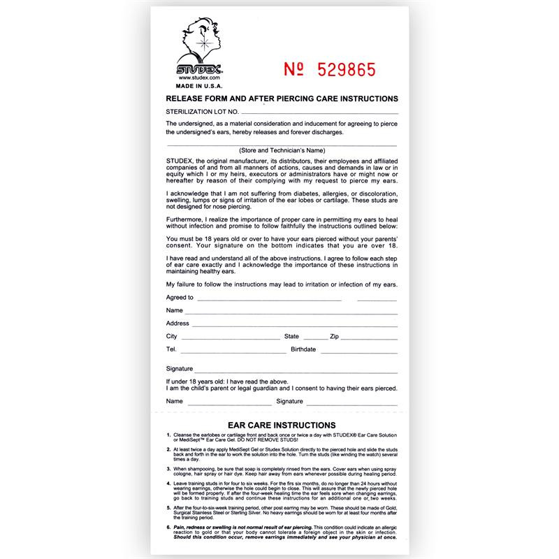 Studex Ear Piercing Release Forms