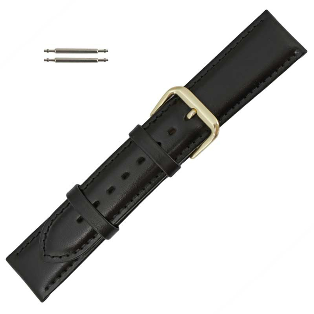 Black Leather Strap with Black Stitching and Gold-tone Buckle 20mm / Black / Leather