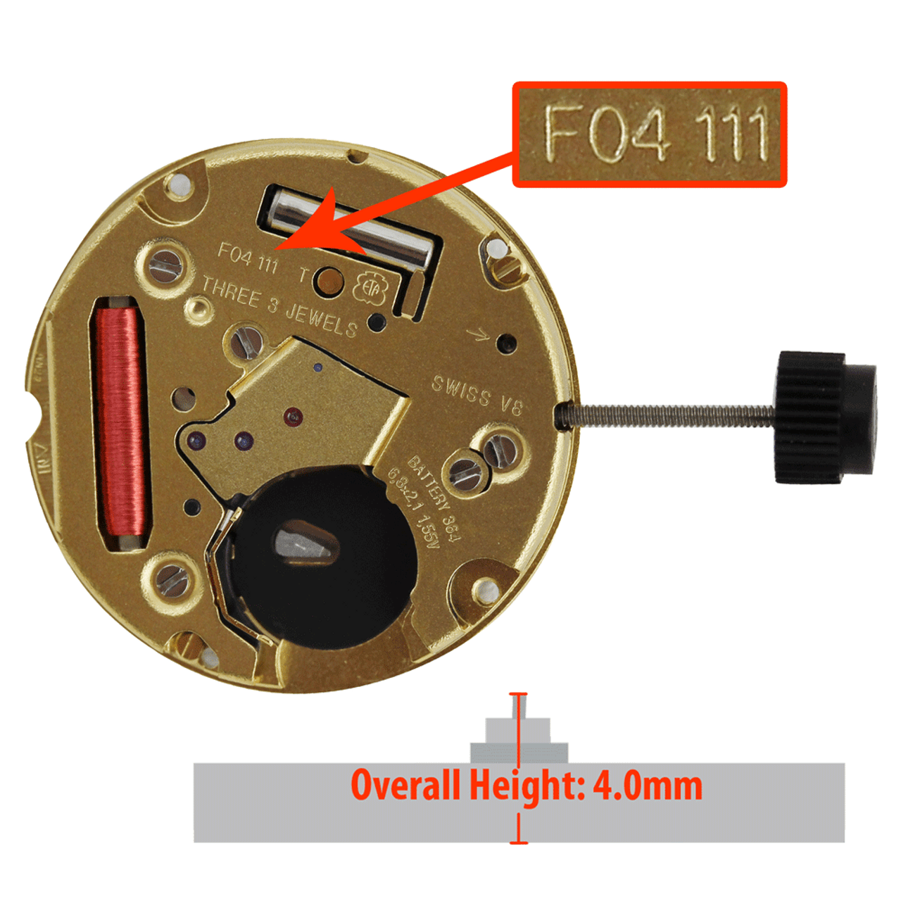 ETA® 3 Hand Quartz Watch Movement F04.111 Date At 3:00 Overall Height 4.0mm