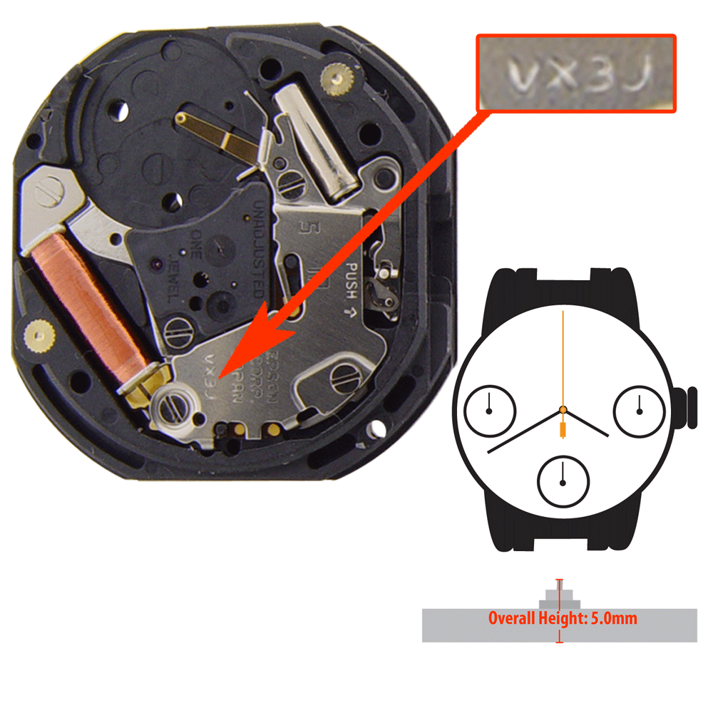 Hattori Japan Chrono 6 Hand Watch Movement VX3J Overall Height 5.0mm