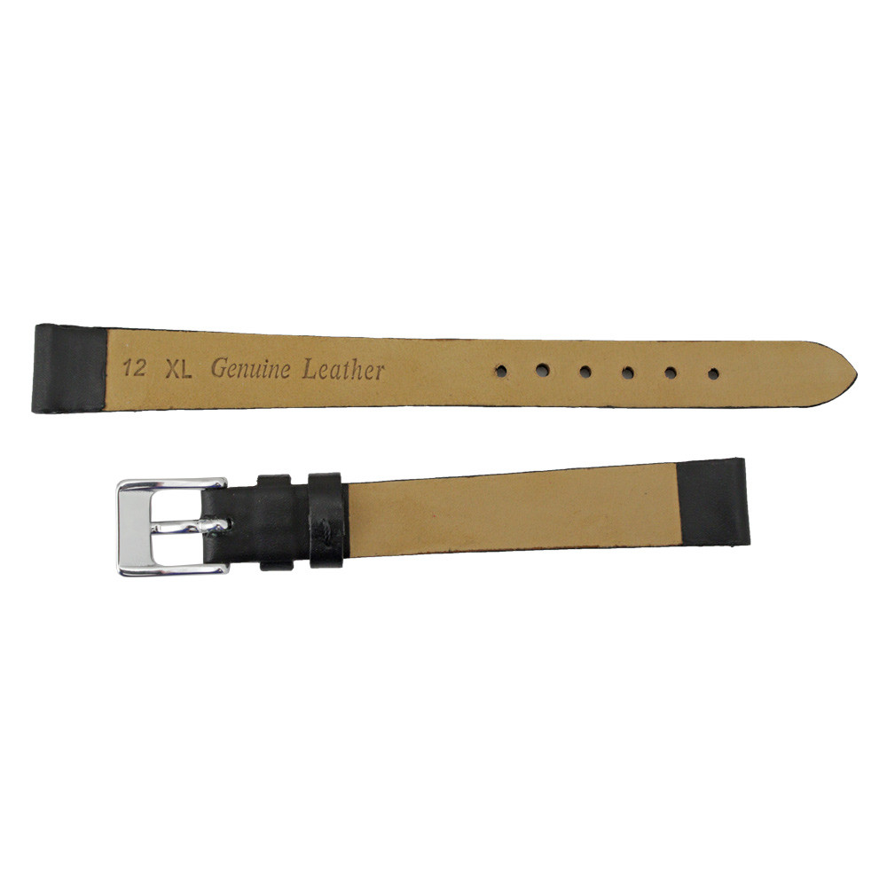 14mm Black Leather Smooth Classic Calf Extra Long Watch Band 8 1/4 Inch Length