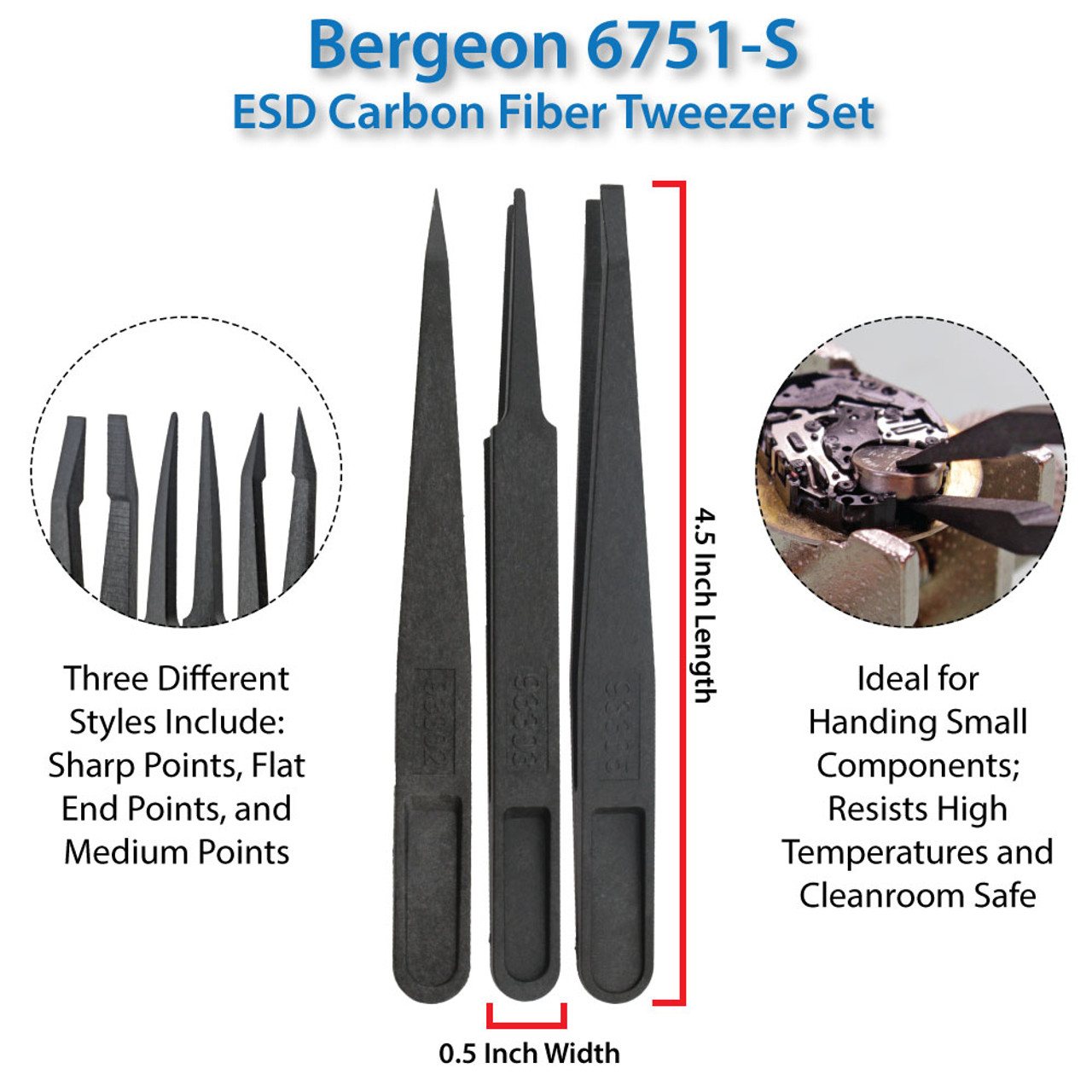 Bergeon 7027-L Stainless Steel Diamond Tweezers Large Tips | Esslinger