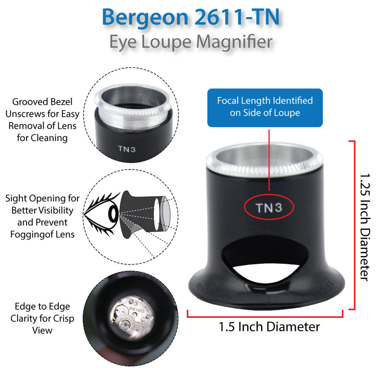 Bergeon 2611-TN Jewelers Eye Loupe Magnifier with Opening