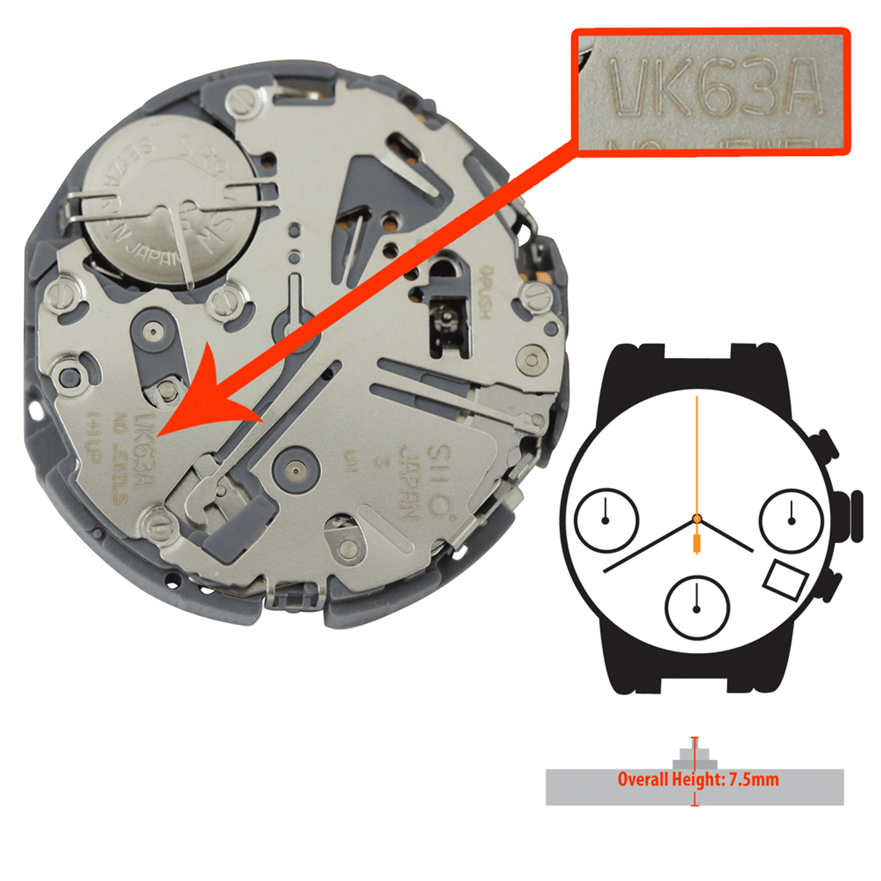 Hattori Japan Quartz Chrono Watch Movement VK63 Overall Height 7.5mm