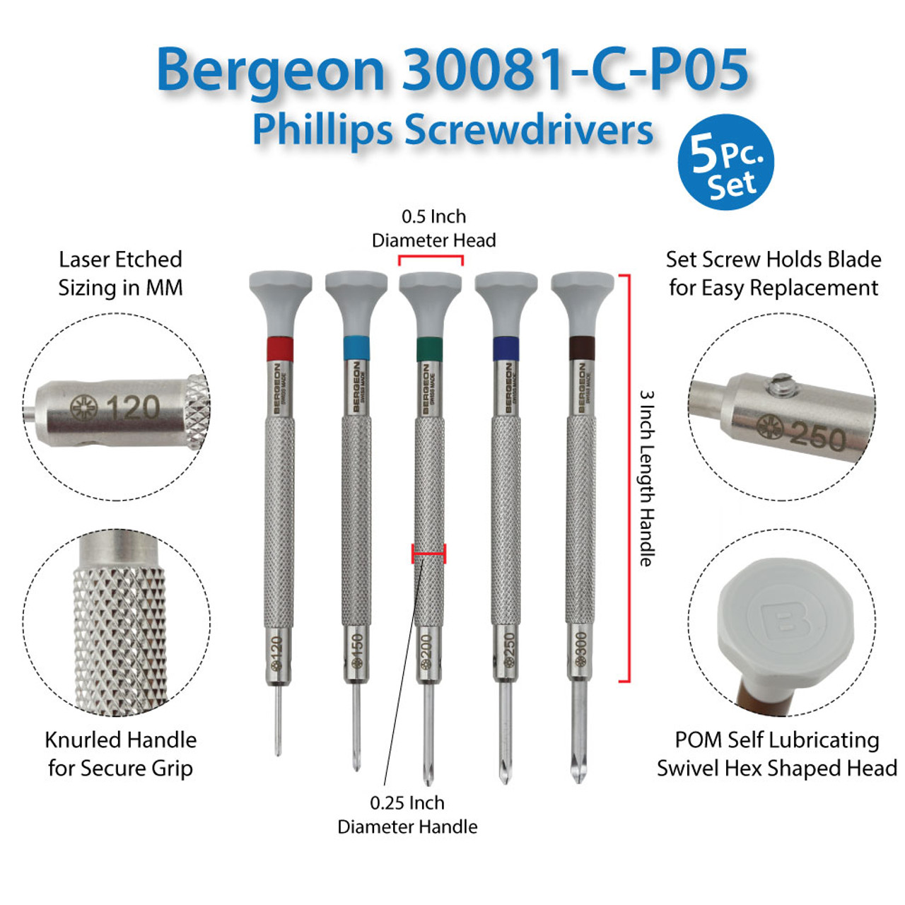 Bergeon set of 5 screwdrivers with steel blades 0,5 - 1,2 mm 30080