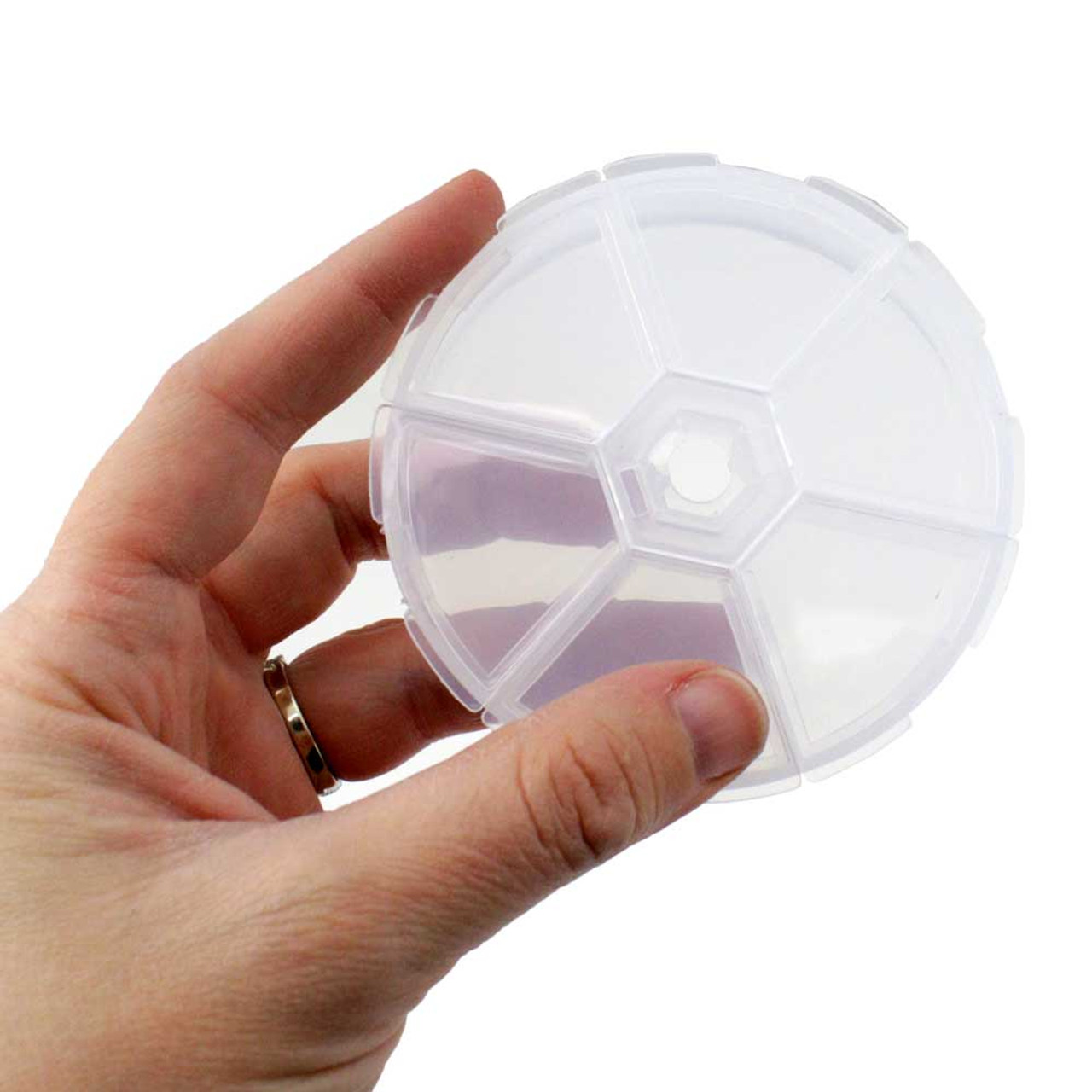 Mini 6 Compartment Round Plastic Storage Box with Snap Closure CLEARANCE