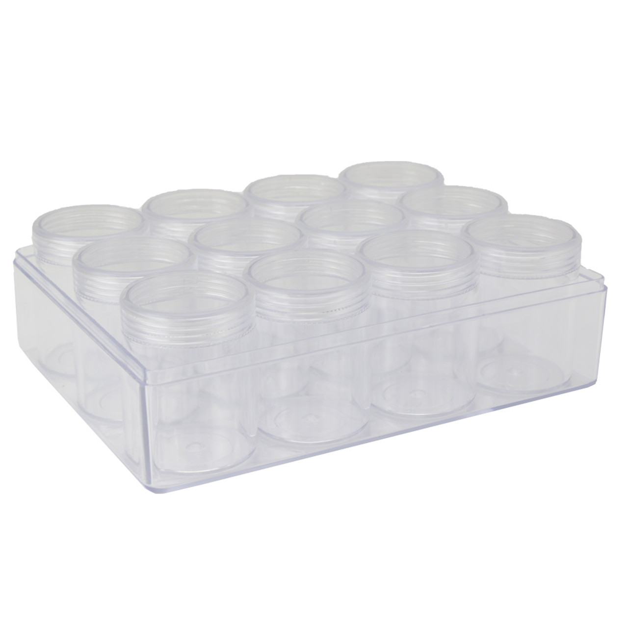 Clear Plastic Organizer Box with 12 Round Storage Jars | Esslinger