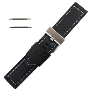 Black Leather Watch Band 24MM Thicker With White Stitching