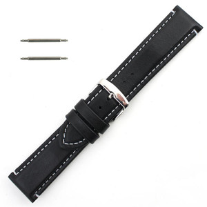 Waterproof Leather Watch Band 20mm Black With White Stitching 7 7/16 Inch Length