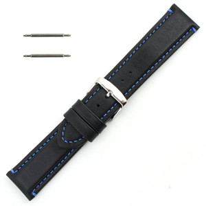Waterproof Leather Watch Band 24mm Black With Blue Stitching 7 7/16 Inch Length