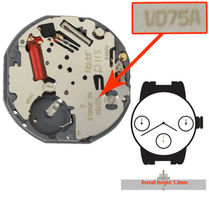 Hattori Japan Chrono Quartz Watch Movement VD75 2 Hand 3 Small Sub Seconds Overall Height 5.0mm