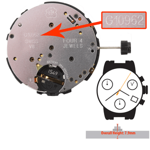 ETA Chrono Quartz Watch Movement G10.962 Date at 4:30 Overall Height 7.9mm