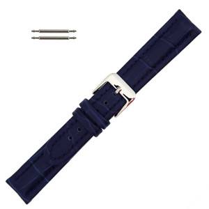 Navy Blue Leather Watch Band 18MM Long Padded Alligator Grain Stitched