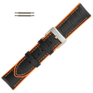 Black Leather 20MM Alligator Grain Stitched with Orange Silicone Lining Black Leather 20MM Alligator Grain Stitched with Orange Silicone Lining
