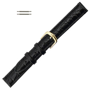 Hadley Roma Black 13 mm Croco Grain Padded Stitched Watch Strap 6 1/2 Inch Length