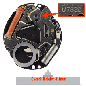 Hattori Japan 3 Hand Quartz Watch Movement V782B Black Date With Yellow Numbers At 3:00 Overall Height 4.1mm