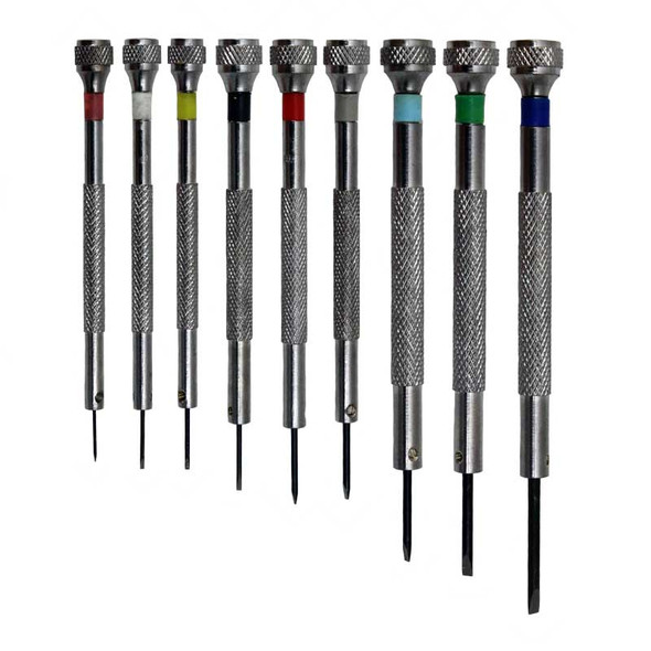 9 piece watch and jewelry screwdriver set on metal base