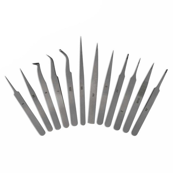 12 piece stainless steel jewelry and watch tweezer set