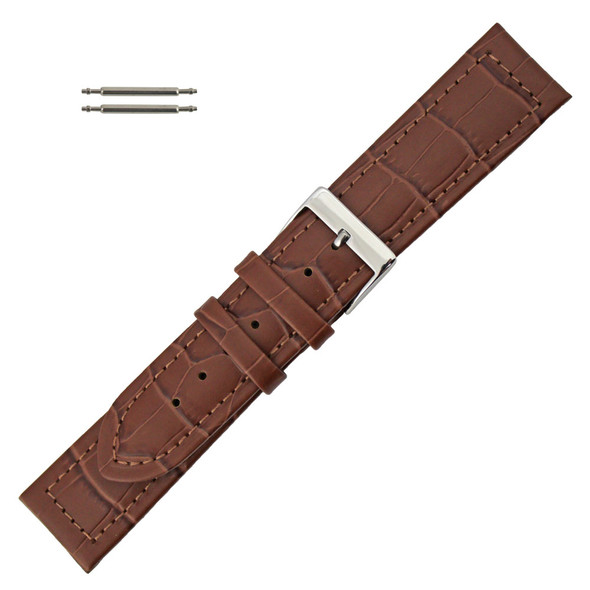 20mm Leather Watch Band Brown Stitched Alligator Grain 7 7/16 Inch Length