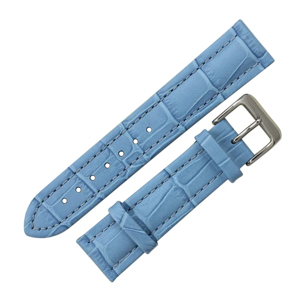 Light Blue Leather Watch Band 24mm Padded Alligator Grain Stitched 7 7/16 Inch Length