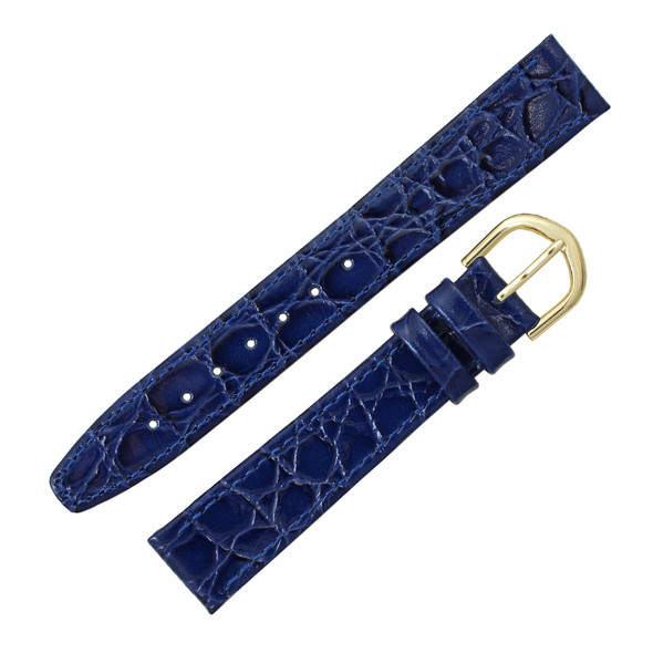 Navy Blue Leather Watch Strap 18mm Stitched Flat Croco Grain 7 7/16 Inch Length