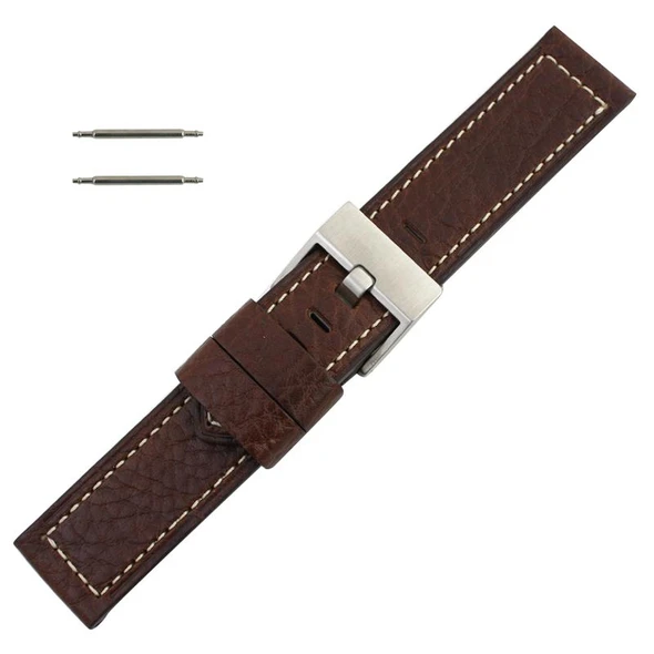 Brown Leather Watch Band 22MM Thicker With White Stitching