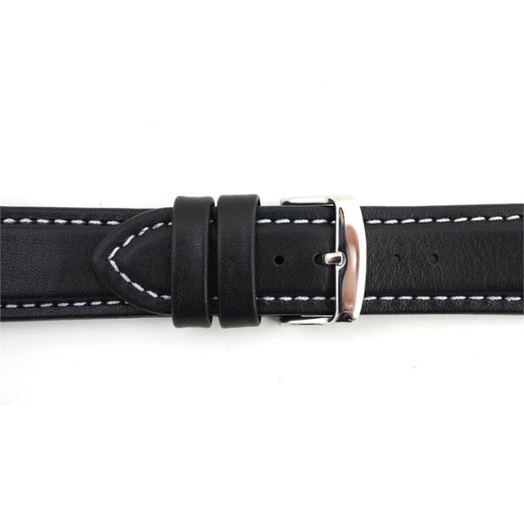 Waterproof Leather Watch Band 24mm Black With White Stitching 7 7/16 Inch Length