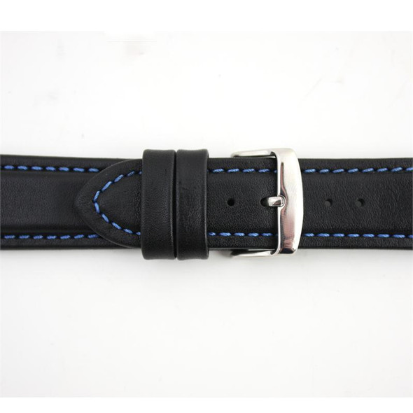 Waterproof Leather Watch Band 22mm Black With Blue Stitching 7 7/16 Inch Length