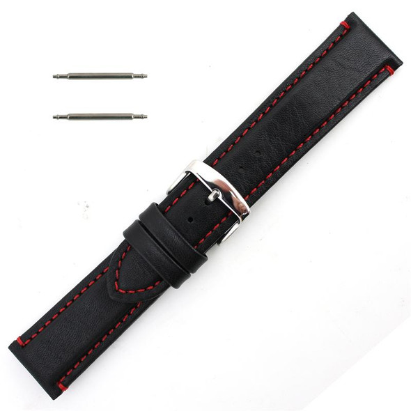 Waterproof Leather Watch Band 20mm Black With Red Stitching 7 7/16 Inch Length