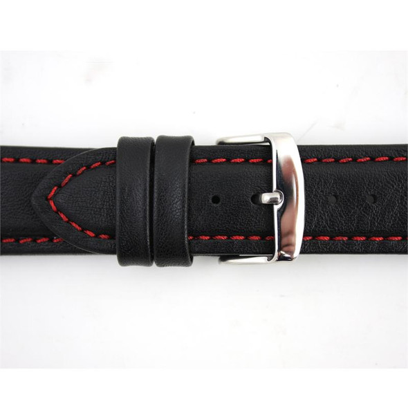 Waterproof Leather Watch Band 20mm Black With Red Stitching 7 7/16 Inch Length