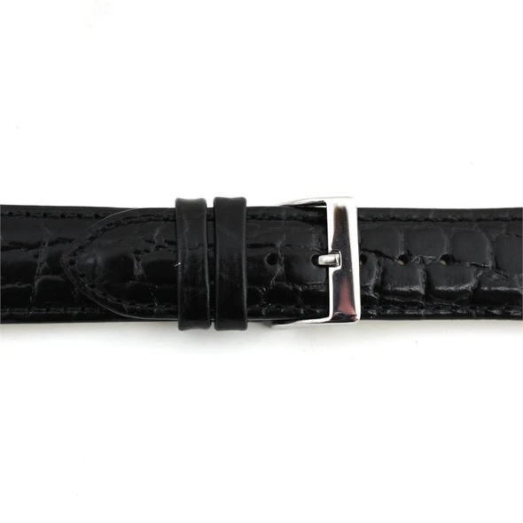 Black Leather Watch Strap 20mm Padded Stitched Croco Grain 7 7/16 Inch Length