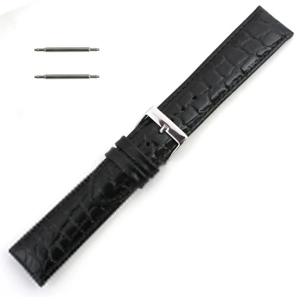 Black Leather Watch Strap 24mm Padded Stitched Croco Grain 7 7/16 Inch Length