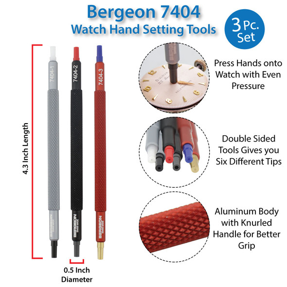 Bergeon 7404 Set of 3 Watch Hand Install Setting Tools Dual Sided with Replaceable Tips