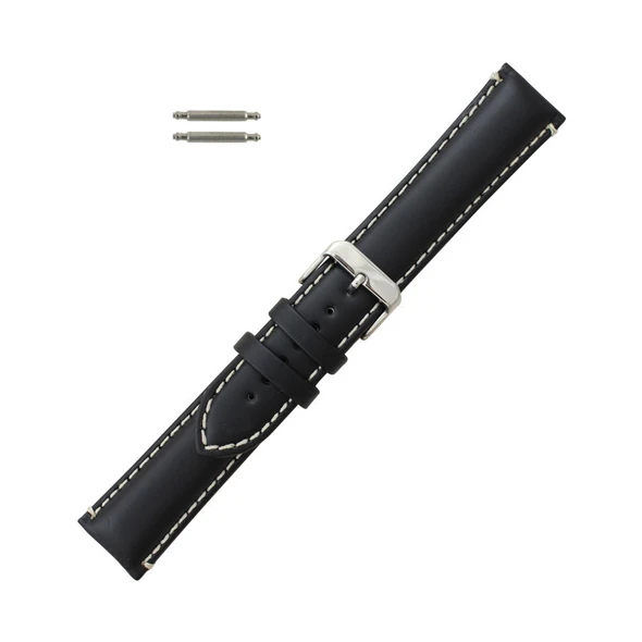 Hadley Roma Black Leather With Contrast Stitching 20mm Watch Band 8 5/8 Inch Length