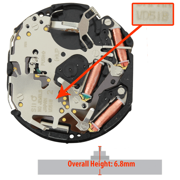 Hattori Japan Quartz Chronograph Watch Movement VD51 Overall Height 6.8mm