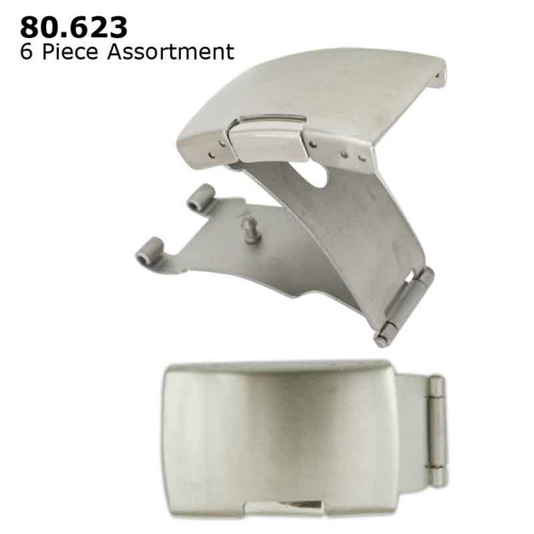 Trifold Stainless Steel Watch Band Single Side Button Style Clasp with Open End Band Attachment Assortment 6 pieces