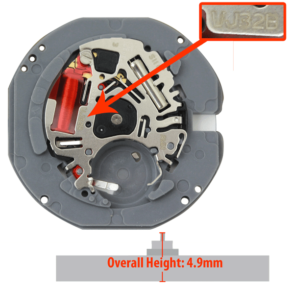 Hattori Japan 3 Hand Quartz Watch Movement VJ32 Date at 3:00 High Hand Pinions Overall Height 4.9mm