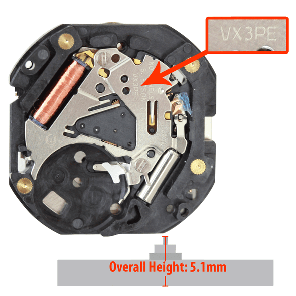 Hattori Japan 3 Hand Quartz Watch Movement VX3P Date at 6:00, Day at 12:00 Overall Height 5.1mm