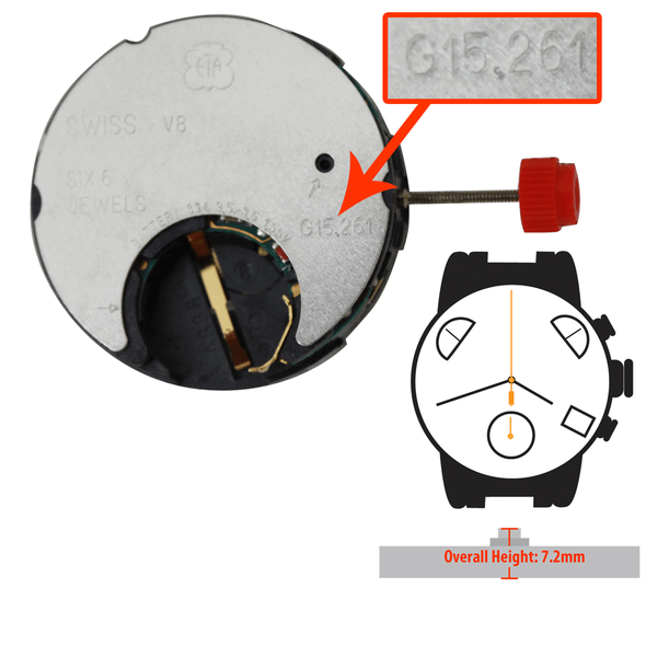 ETA Quartz Chrono Watch Movement G15.261 3 Hand 3 Small Sub Seconds Overall Height 7.2mm